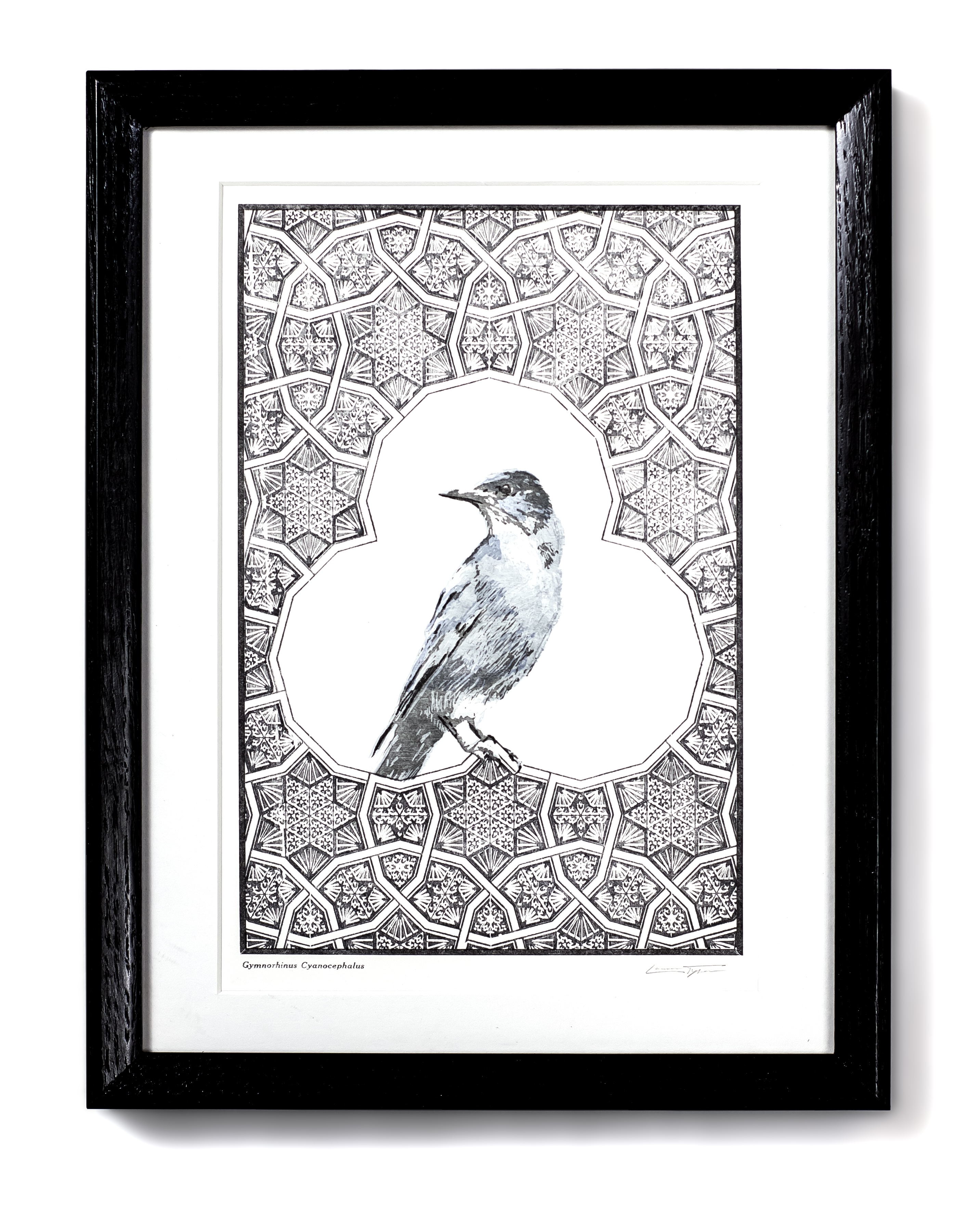 Photograph of finished print featuring a bird within a geometric pattern.