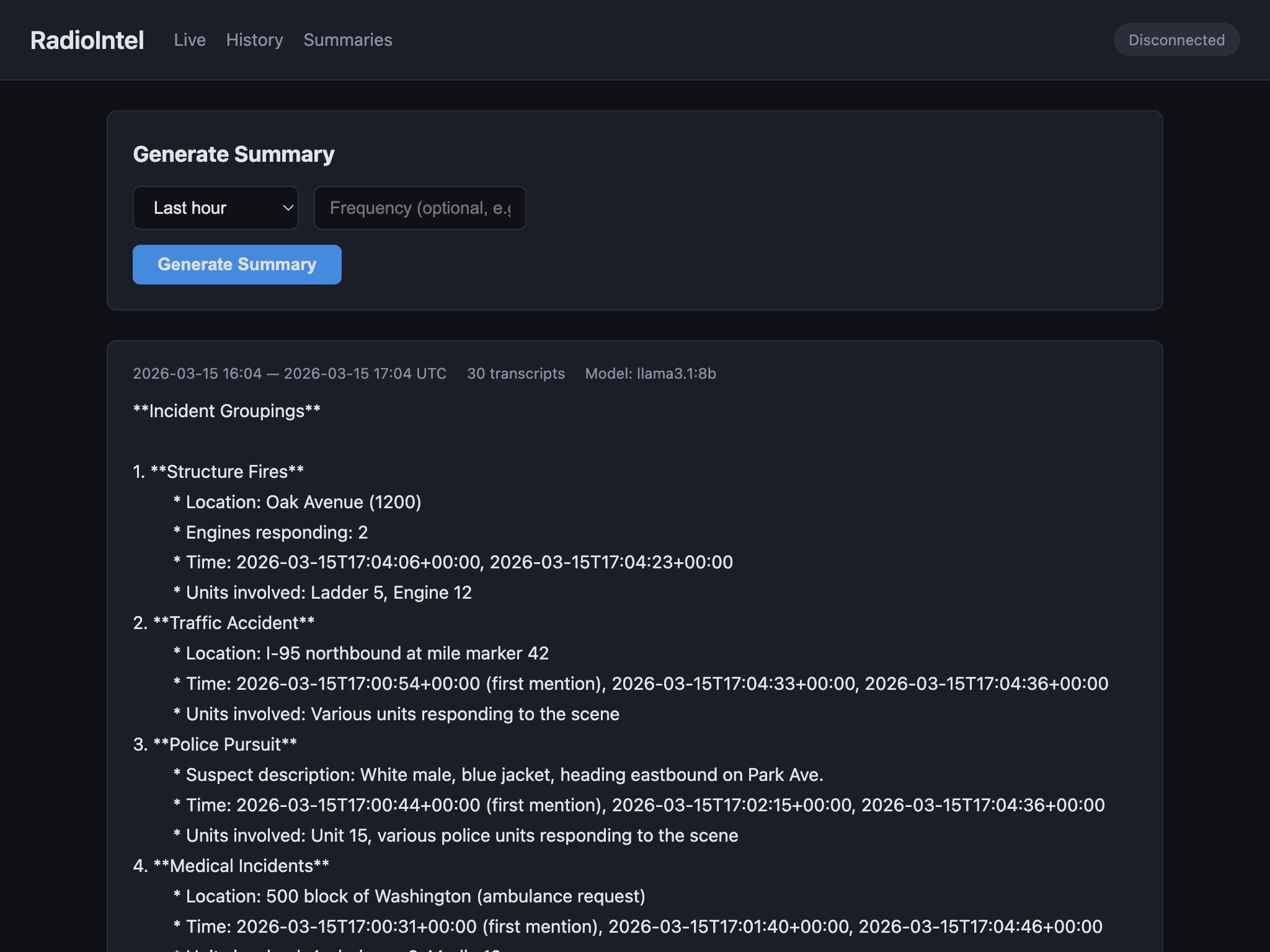 RadioIntel summary view with AI-generated incident groupings from radio transcripts