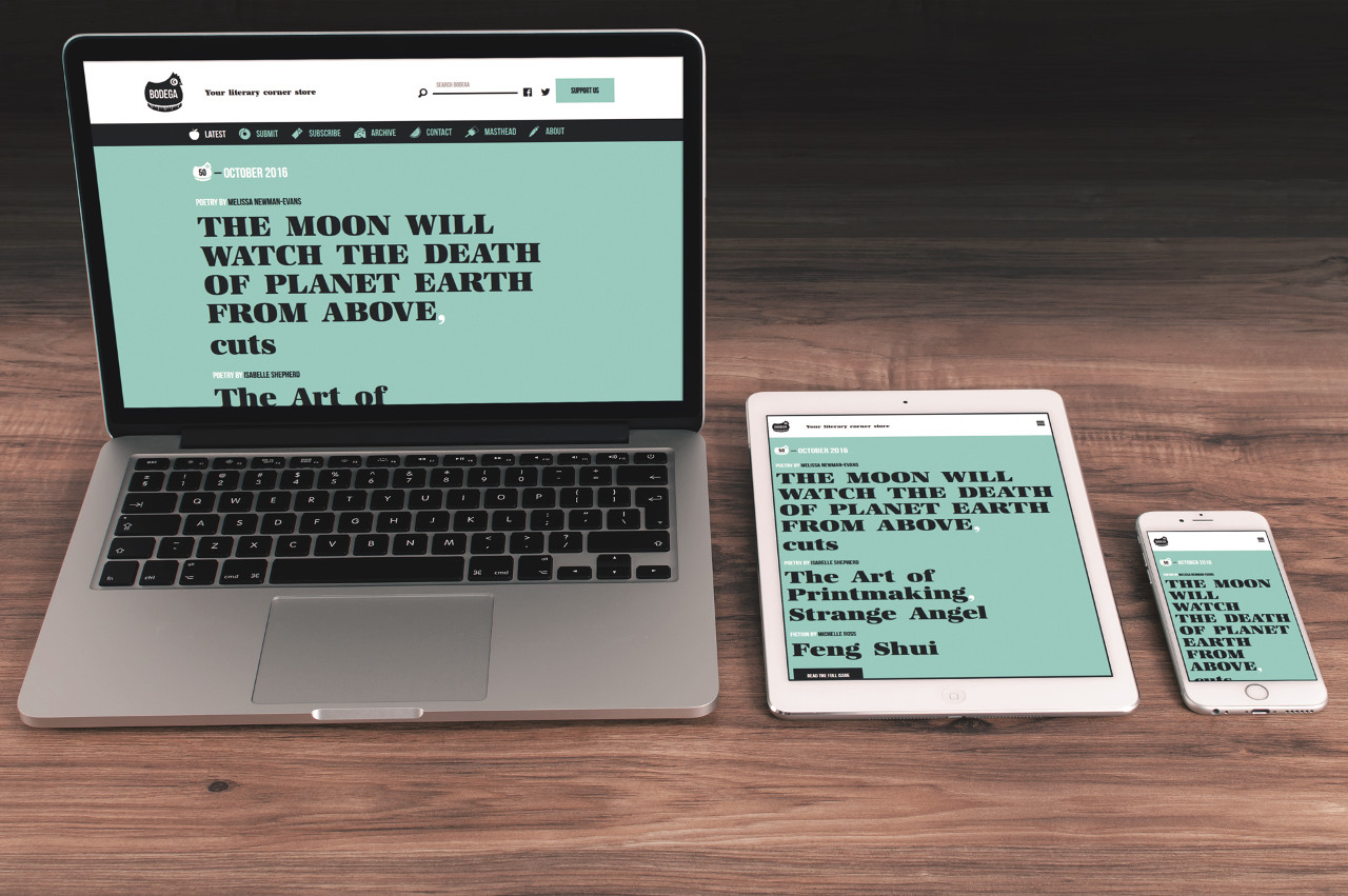 Bodega Magazine displayed on laptop, tablet, and phone