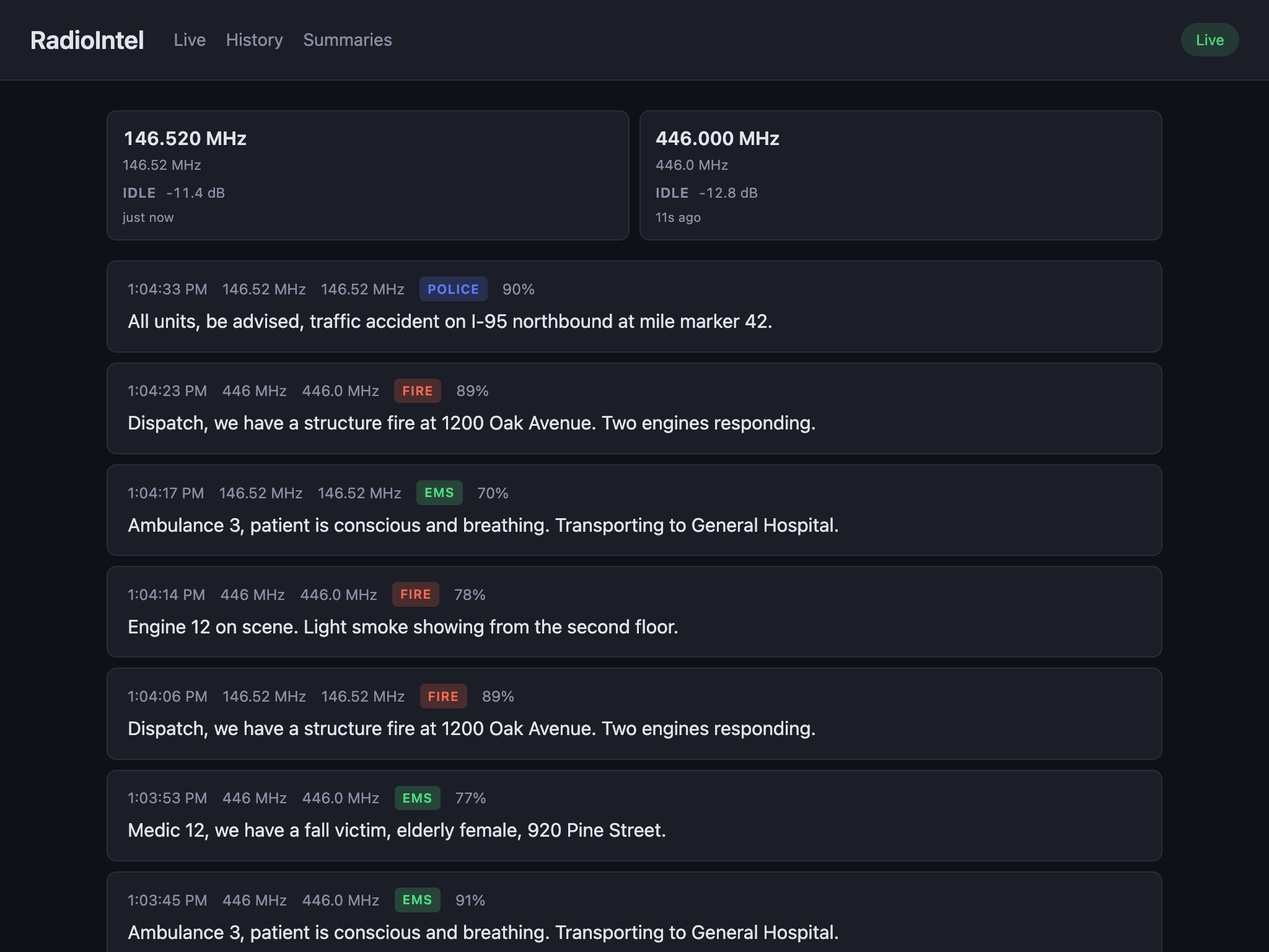 RadioIntel live dashboard showing real-time transcriptions of public safety radio traffic